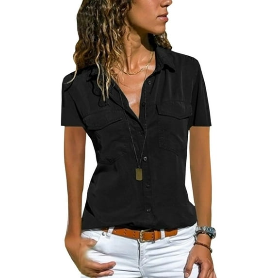 HLSOHJP Women's Lapel Long Sleeve Stand Collar Shirts Tops Plain Plus Size Front Pockets Turn Down Collar Button Up Blouse
