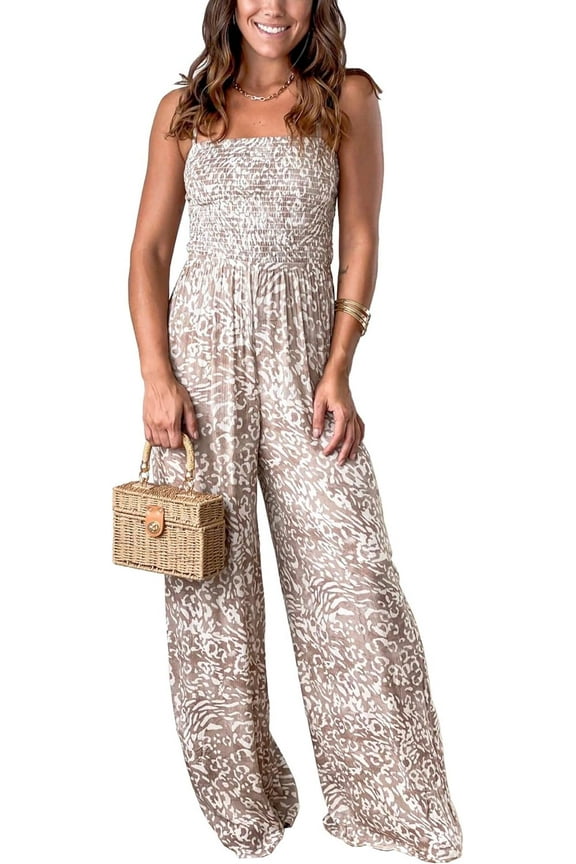 Women's Leopard Wide Leg Jumpsuit Sleeveless Halter Beach Boho Lace Up Open Back One Piece Romper Overalls