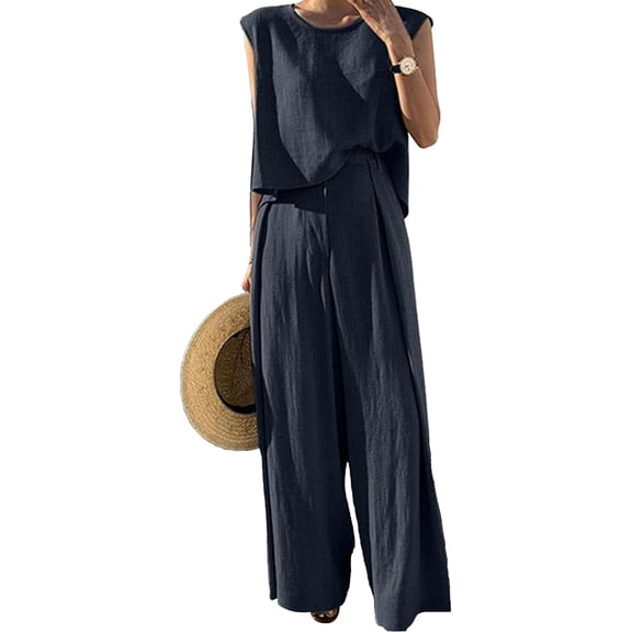 HLSOHJP Women's Linen Pants Suit Casual Sleeveless Tank Top Flowy Wide Leg Trousers Two Piece Matching Set Lounge Outfit