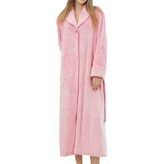HLSOHJP Women's Long Bathrobe Plush Robe Soft Button Up Long Sleeve Housecoat Maternity Duster Robe SPA Dressing Gown