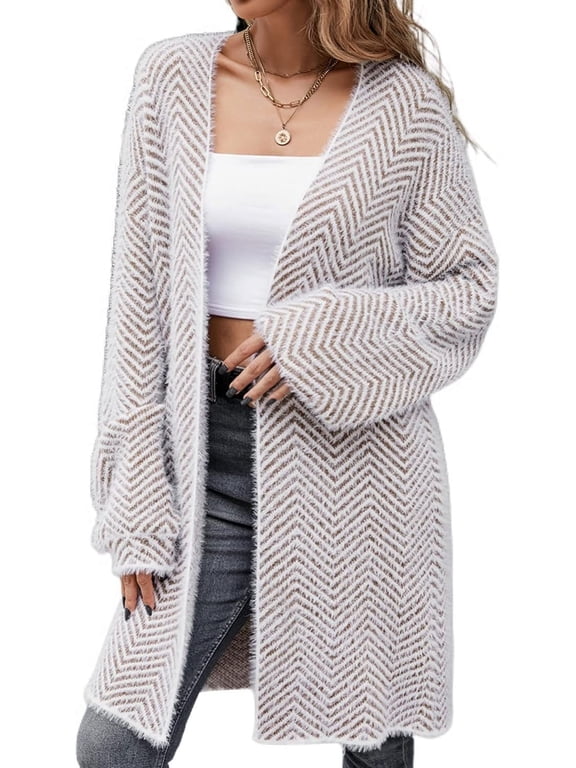 Women's Long Duster Cardigan Chevron Fuzzy Baggy Loose Warm Knitted Long Sleeve Open Front Midi Sweater Cardigan