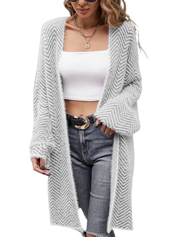 Women's Long Duster Cardigan Chevron Fuzzy Baggy Loose Warm Knitted Long Sleeve Open Front Midi Sweater Cardigan