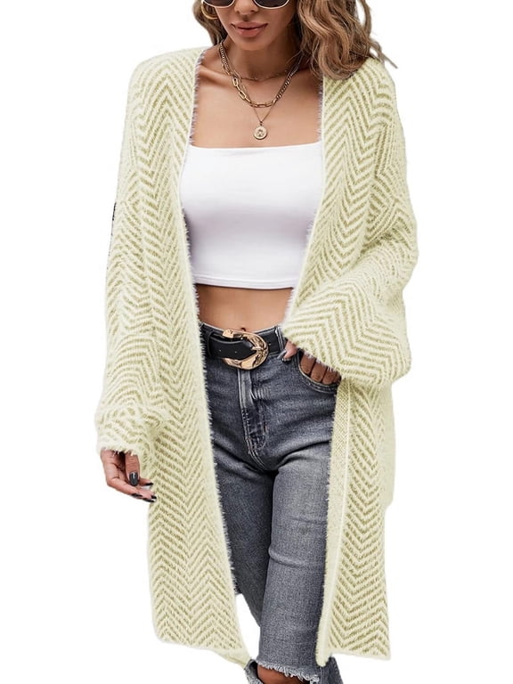 Women's Long Duster Cardigan Chevron Fuzzy Baggy Loose Warm Knitted Long Sleeve Open Front Midi Sweater Cardigan