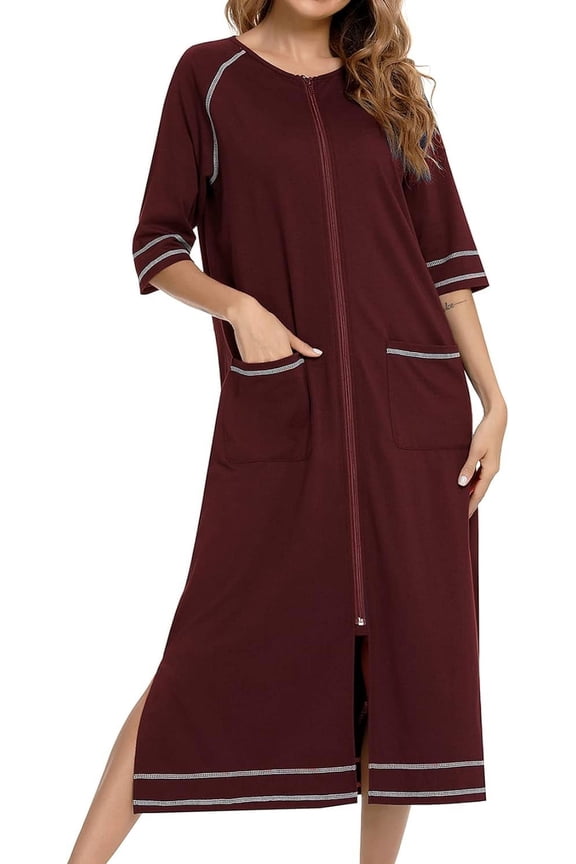 Women's Long House Coat Full Zipper Robes Housecoat with Pockets Bath Robes Lightweight