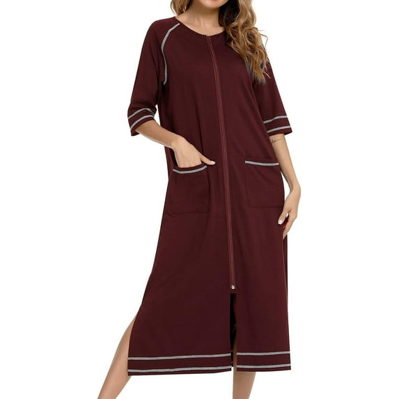 HLSOHJP Women's Long House Coat Full Zipper Robes Housecoat with Pockets Bath Robes Lightweight