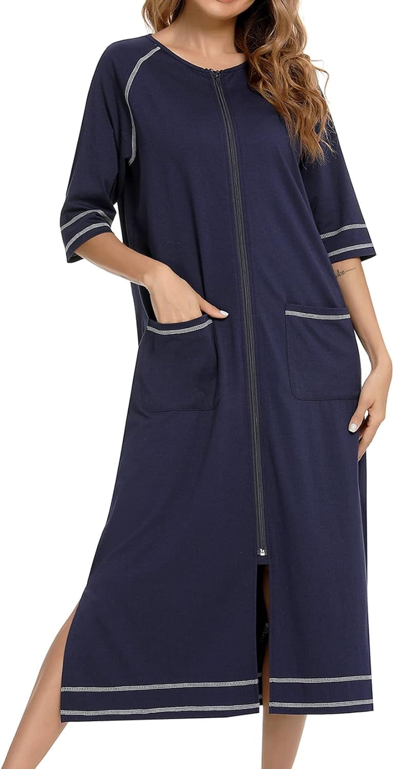 HLSOHJP Women's Long House Coat Full Zipper Robes Housecoat with Pockets Bath Robes Lightweight