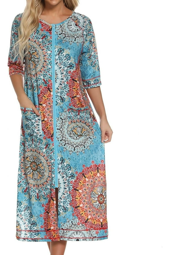 Women's Long House Coat Full Zipper Robes Housecoat with Pockets Bath Robes Lightweight