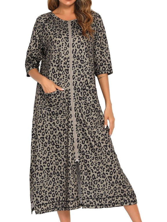 Women's Long House Coat Full Zipper Robes Housecoat with Pockets Bath Robes Lightweight