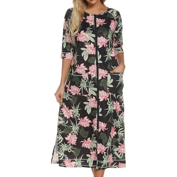 HLSOHJP Women's Long House Coat Full Zipper Robes Housecoat with Pockets Bath Robes Lightweight