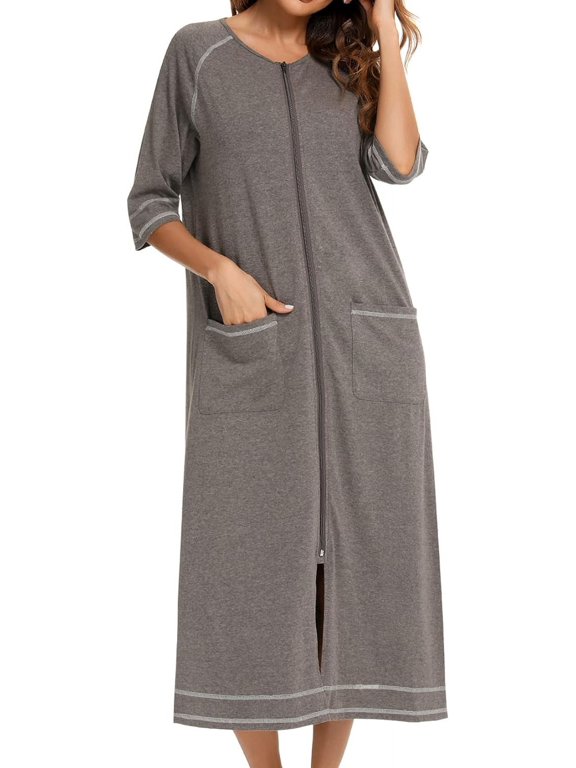 Women's Long House Coat Full Zipper Robes Housecoat with Pockets Bath Robes Lightweight