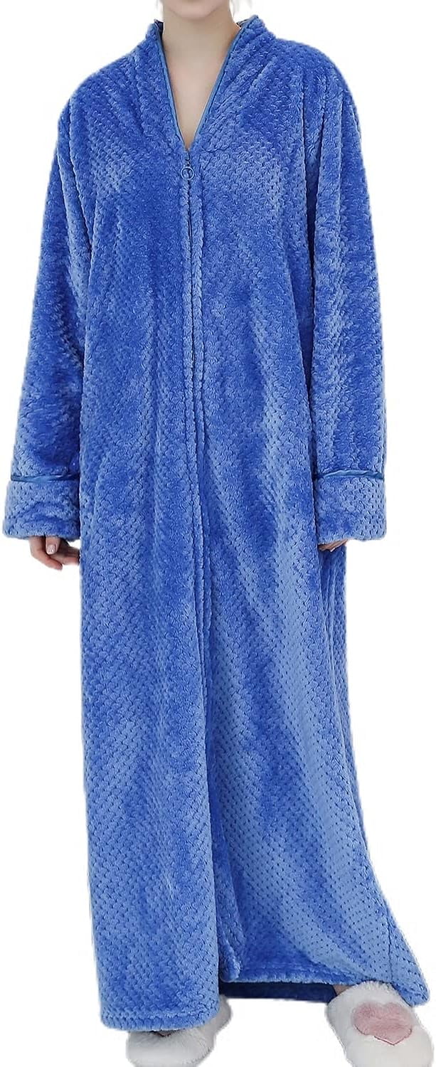 HLSOHJP Women's Long Housecoat Fuzzy Bath Robe Fleece Oversized Zipper ...