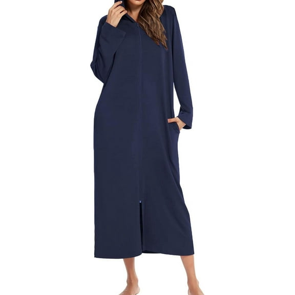 HLSOHJP Women's Long Robe Zip Up Hoodie House Coat Pocket Long Sleeve Full Length Housecoat