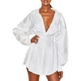 thumbnail image 1 of HLSOHJP Women's Long Sleeve Button Down Shirt Dress Stylish Lapel Solid Deep V Neck Pleated Gathered Waist Blouse Dresses, 1 of 4