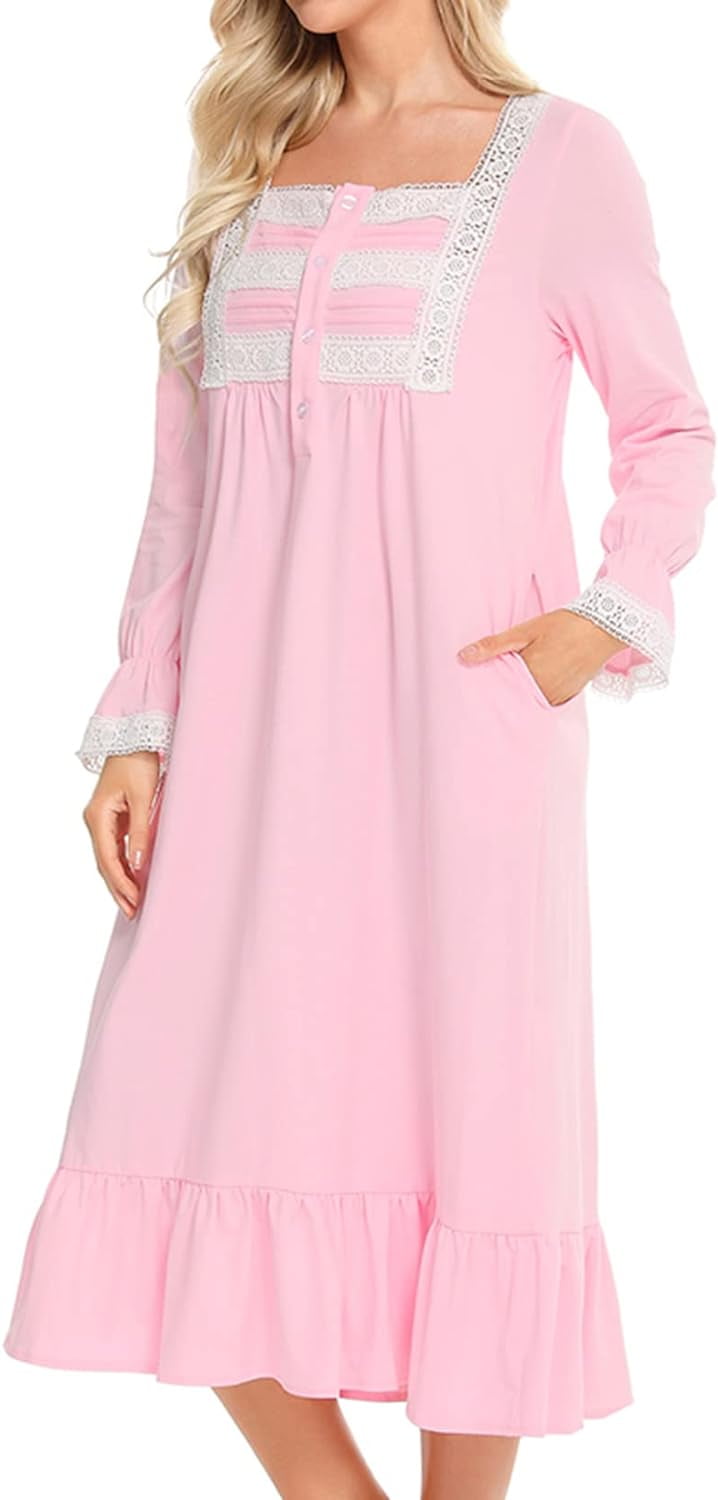 HLSOHJP Women's Long Sleeve Victorian Nightgown Soft Lace Frill Square