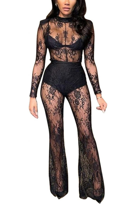 Women's Mesh Sheer See Through Jumpsuit Long Sleeve Floral Lace Transparent Bodycon Flared One Piece Overalls
