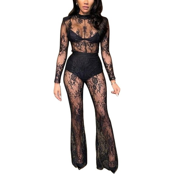 HLSOHJP Women's Mesh Sheer See Through Jumpsuit Long Sleeve Floral Lace Transparent Bodycon Flared One Piece Overalls