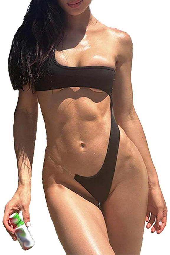 Women's One Shoulder Bodysuit Off Shoulder Irregular Cutout Invisible See Through One Piece Swimsuit Bathing Suit