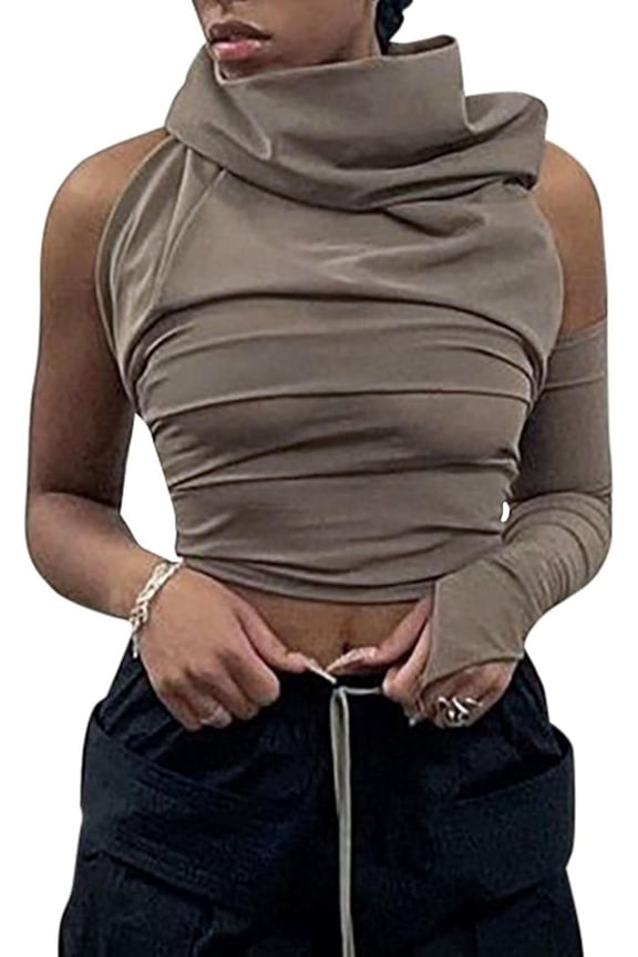 Women's One Shoulder Cropped Hoodies Sleeveless Cut Out Turtleneck High Neck See Through Tank Top Tshirt