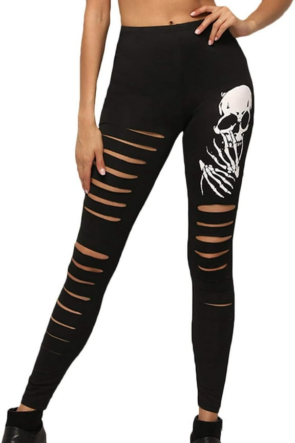 Women's Pants Black High Waisted Skull Print Yoga Sports Workout Trousers Stretch Hollow Out Leggings