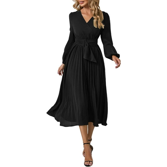 HLSOHJP Women's Pleated Midi Dress Long Sleeve V-Neck Belted Tie Waist Lace Up A-Line Chiffon Wrap Dress