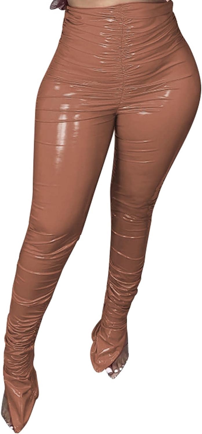 HLSOHJP Women's Pleated PU Leather Pants High Wasit Bodycon Ruched Split Hem Faux Leather Club Legging Trousers