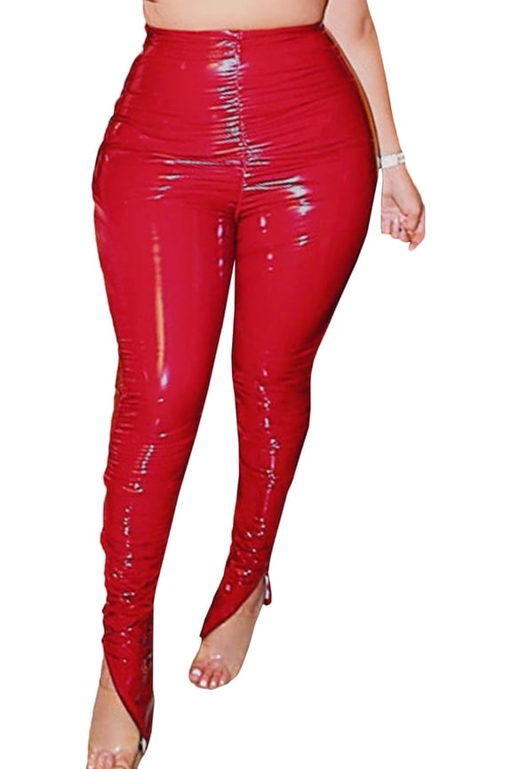 Women's Pleated PU Leather Pants High Wasit Bodycon Ruched Split Hem Faux Leather Club Legging Trousers