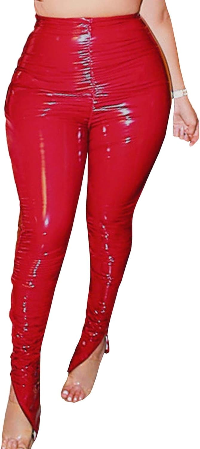 HLSOHJP Women's Pleated PU Leather Pants High Wasit Bodycon Ruched Split Hem Faux Leather Club Legging Trousers