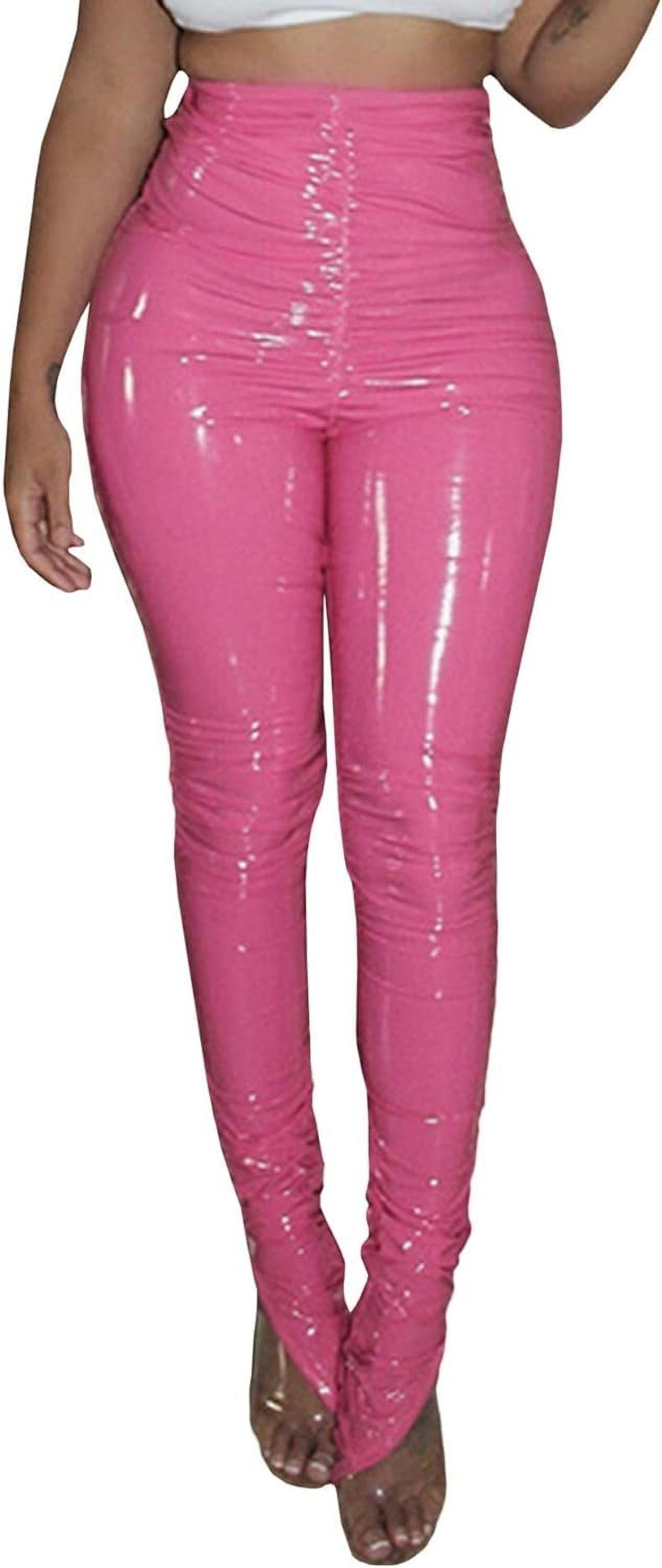 HLSOHJP Women's Pleated PU Leather Pants High Wasit Bodycon Ruched Split Hem Faux Leather Club Legging Trousers