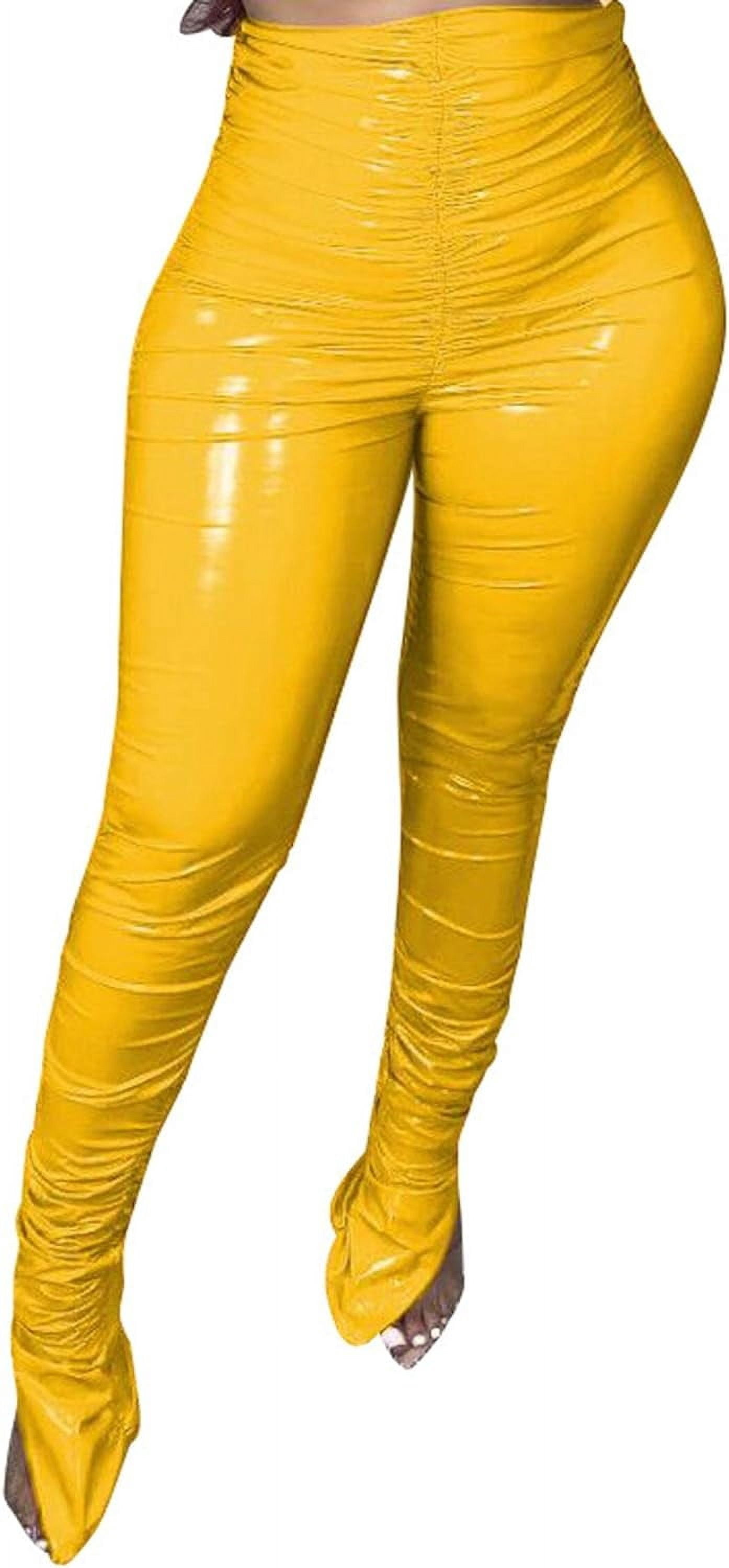 HLSOHJP Women's Pleated PU Leather Pants High Wasit Bodycon Ruched Split Hem Faux Leather Club Legging Trousers
