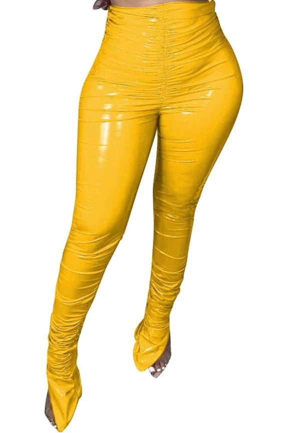 Women's Pleated PU Leather Pants High Wasit Bodycon Ruched Split Hem Faux Leather Club Legging Trousers