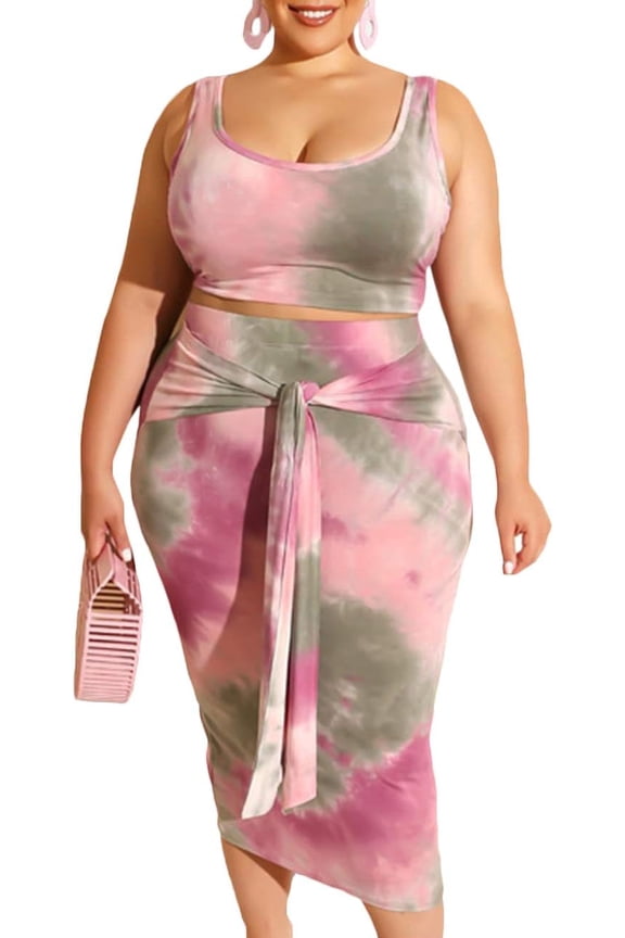 Women's Plus Size Tie Dye Print Two Piece Outfits Sleeveless Bodycon Floral 2PCs Tank Crop Top and Skirts Sets