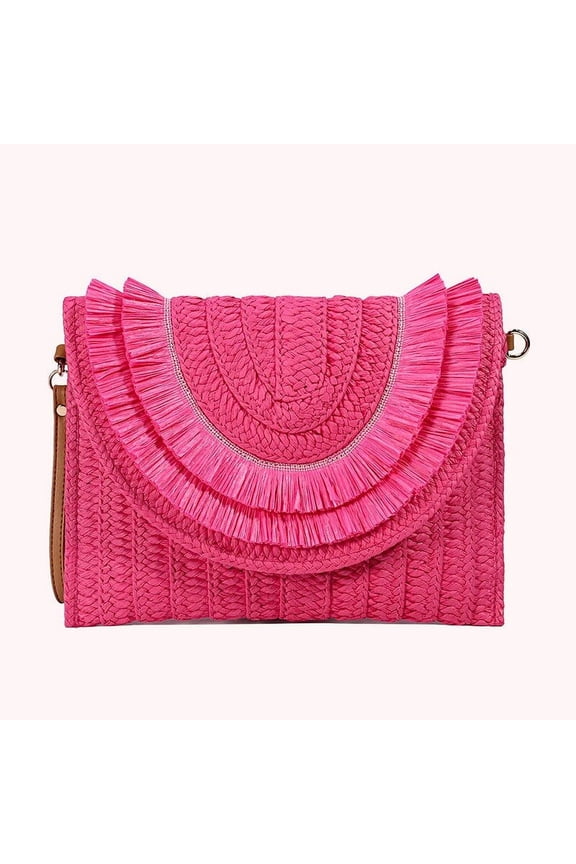 Women’s Raffia Straw Weaven Wrist Clutches & Summer Crossbody Bag, Hotpink