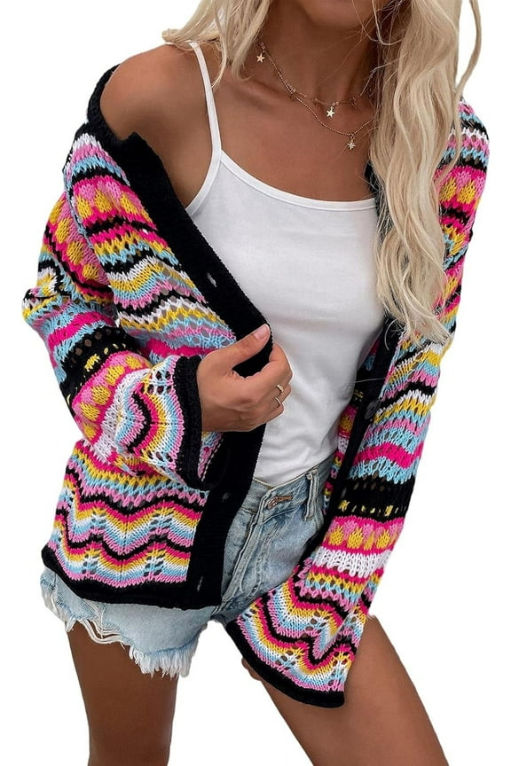 Women's Rainbow Knitted Cardigan Sweater Long Sleeve Multicolor Striped Sweater Jumpers Open Front Jacket