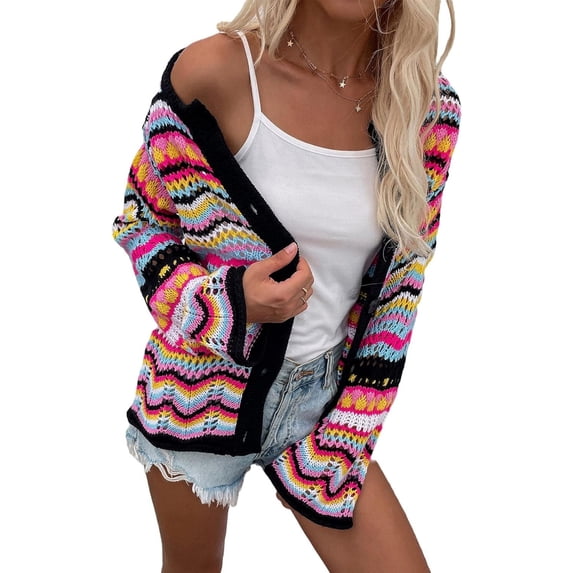 HLSOHJP Women's Rainbow Knitted Cardigan Sweater Long Sleeve Multicolor Striped Sweater Jumpers Open Front Jacket