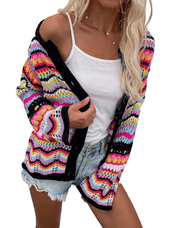 Women's Rainbow Knitted Cardigan Sweater Long Sleeve Multicolor Striped Sweater Jumpers Open Front Jacket
