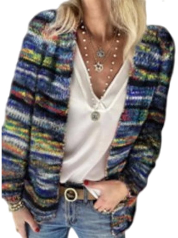 Women's Rainbow Knitted Cardigan Sweater Long Sleeve Multicolor Striped Sweater Jumpers Open Front Jacket