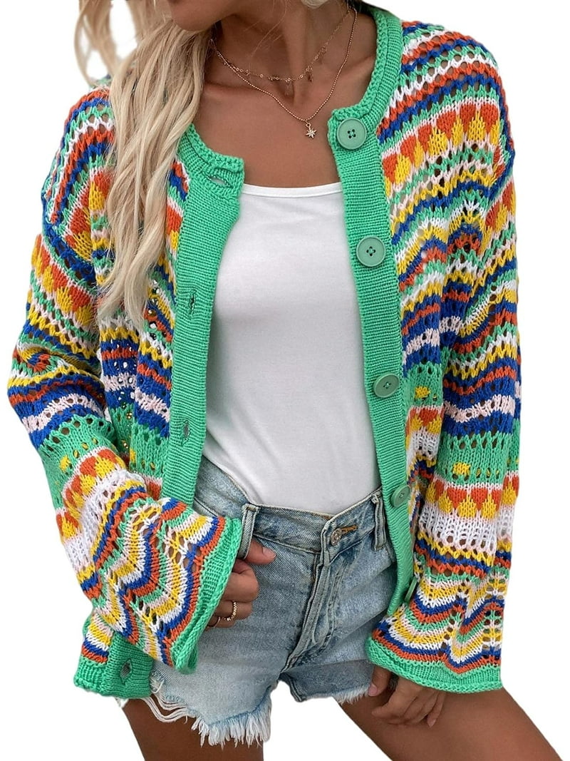 HLSOHJP Women's Rainbow Knitted Cardigan Sweater Long Sleeve