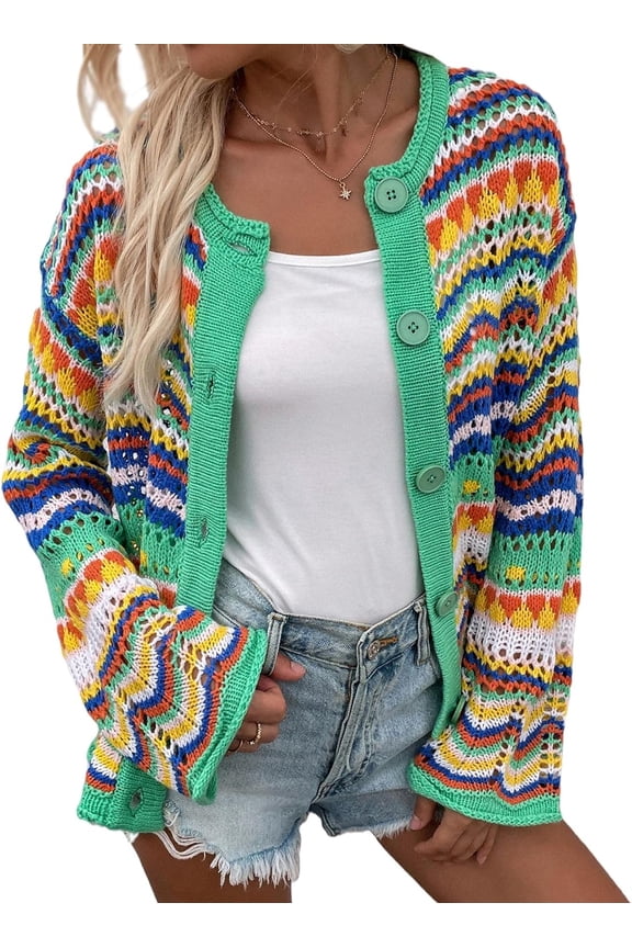 Women's Rainbow Knitted Cardigan Sweater Long Sleeve Multicolor Striped Sweater Jumpers Open Front Jacket