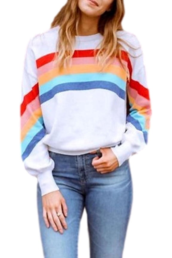 Women's Rainbow Print Sweatshirt Long Lantern Sleeve Colorful Striped Color Block Pullover Tops Casual Jumpers