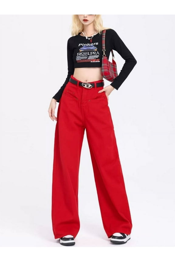 Women's Red High Waisted Straight Jeans Vintage American Street Cool Girl High Waisted Pants Female Loose Retro Denim Trousers