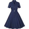 thumbnail image 1 of HLSOHJP Women's Retro Button Down Shirt Dress Short Sleeve Turn Down Collar Buckle Belted Swing Vintage Dance Midi Dress, 1 of 7