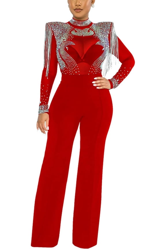 Women's Rhinestone Sheer Mesh Jumpsuit Long Sleeve Wide Shoulder Pad See Through Tassel One Piece Overalls
