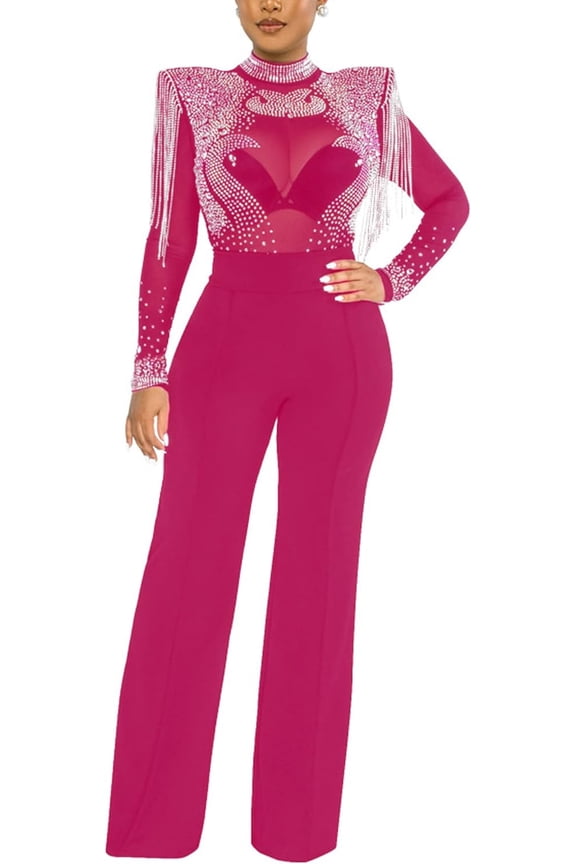 Women's Rhinestone Sheer Mesh Jumpsuit Long Sleeve Wide Shoulder Pad See Through Tassel One Piece Overalls