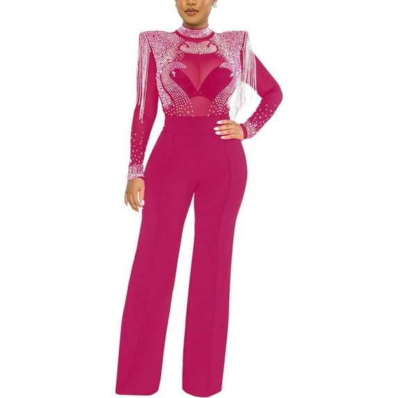 HLSOHJP Women's Rhinestone Sheer Mesh Jumpsuit Long Sleeve Wide Shoulder Pad See Through Tassel One Piece Overalls
