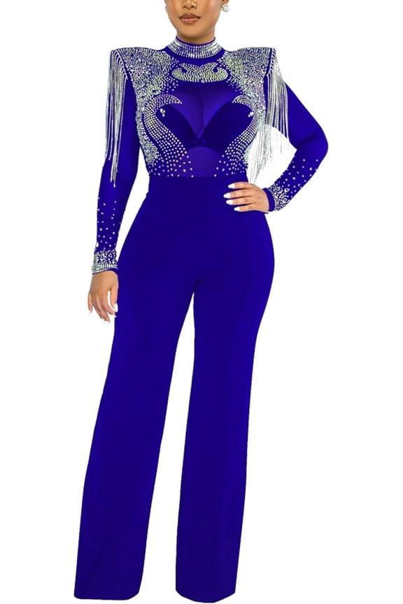Women's Rhinestone Sheer Mesh Jumpsuit Long Sleeve Wide Shoulder Pad See Through Tassel One Piece Overalls