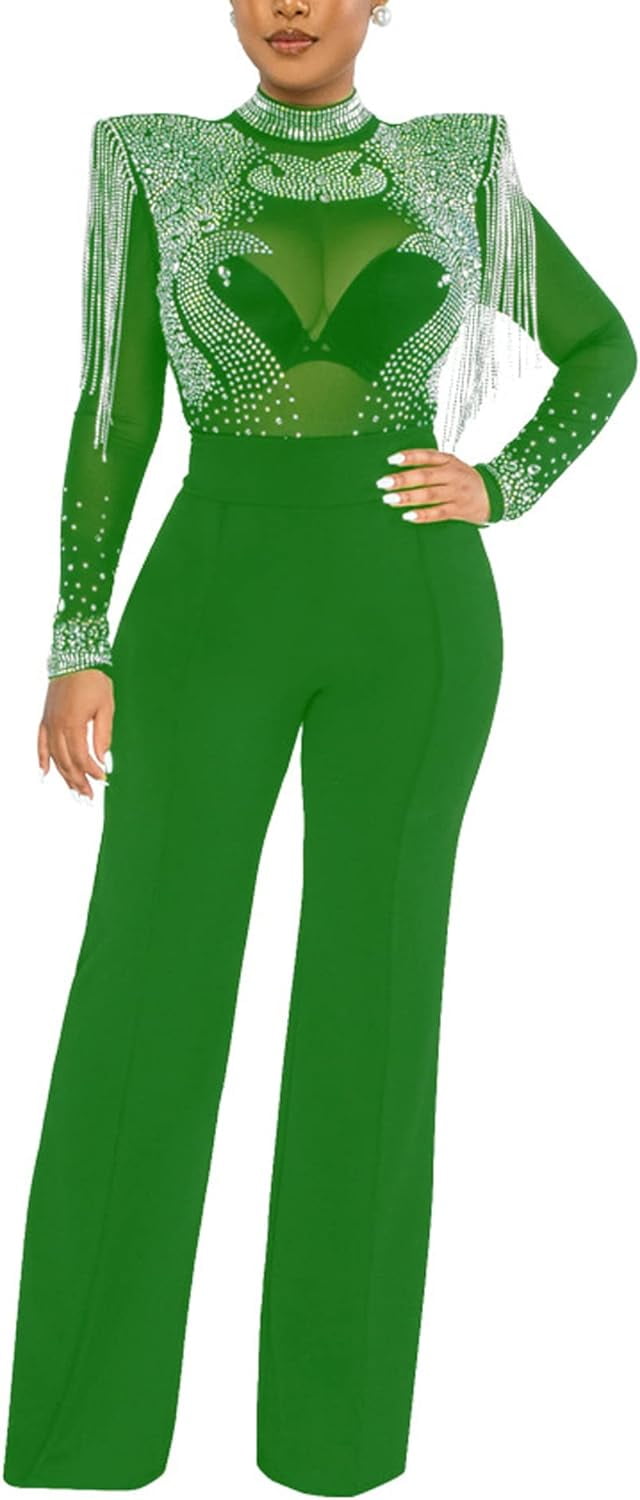 HLSOHJP Women's Rhinestone Sheer Mesh Jumpsuit Long Sleeve Wide
