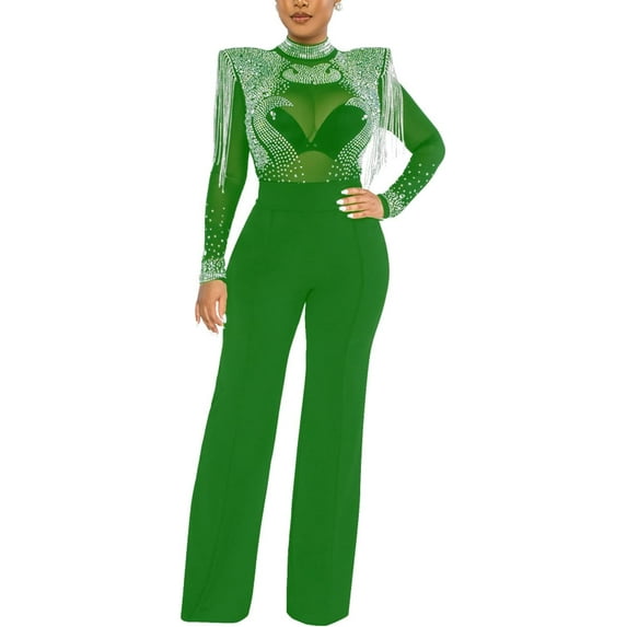 HLSOHJP Women's Rhinestone Sheer Mesh Jumpsuit Long Sleeve Wide Shoulder Pad See Through Tassel One Piece Overalls