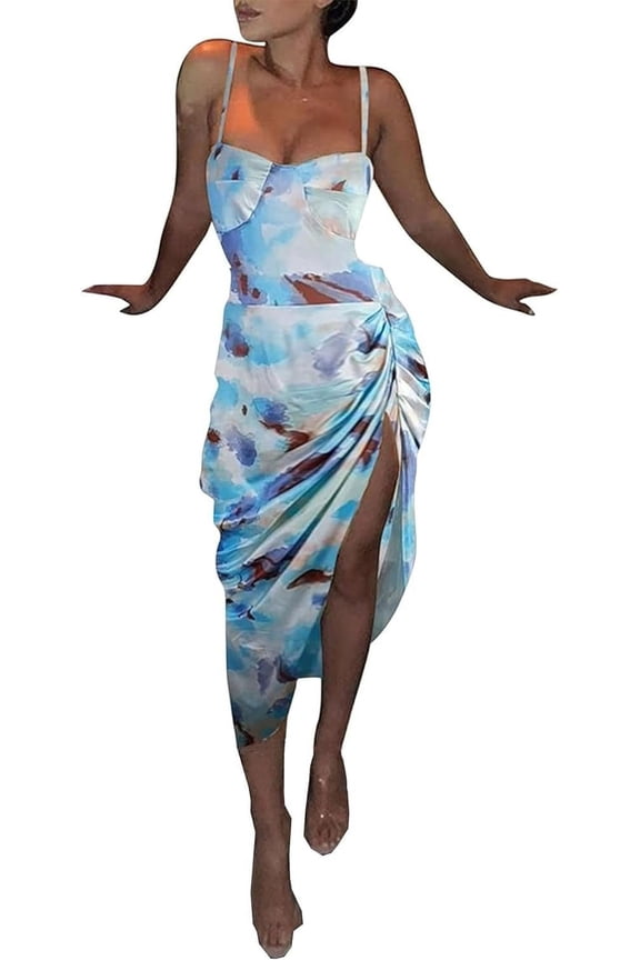 Women's Ruched Abstract Print Satin Dress Sleeveless Spaghetti Straps Pineapple High Split Asymmetric Midi Dress