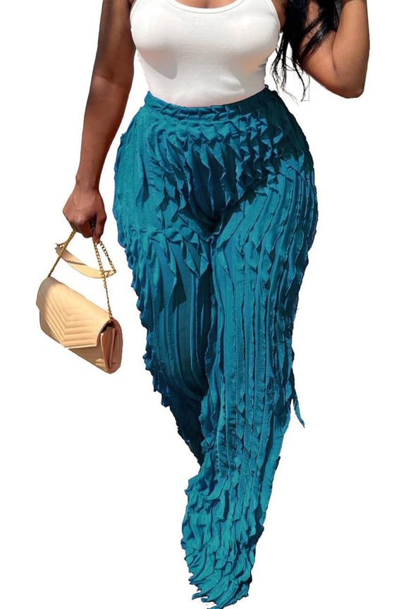 Women's Ruffle Wide Leg Trousers High Rise Sheer Mesh See Through Ruched Straight Leg Flowy Club Party Pants