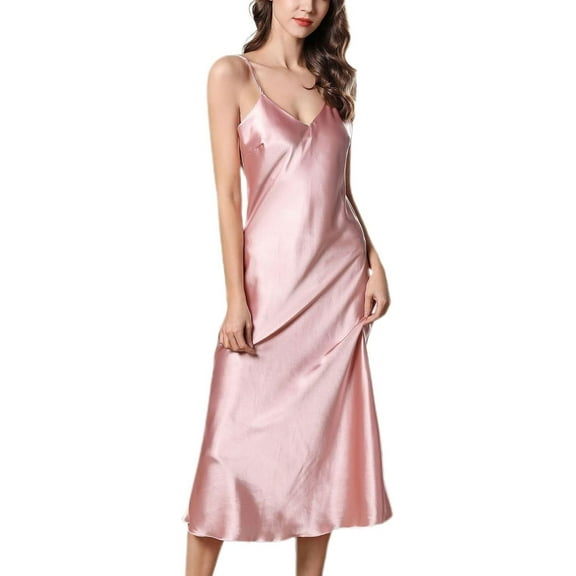HLSOHJP Women's Satin Nightgown Soft Luxurious Long Sleepwear Slim Fit V Neck Sleep Dress Spaghetti Strap Lingerie
